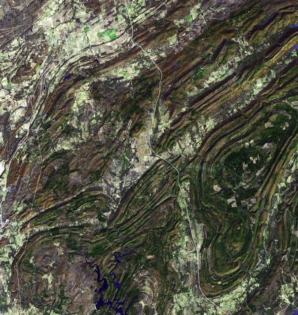 The fold belt topography of the Ouachita Mountains